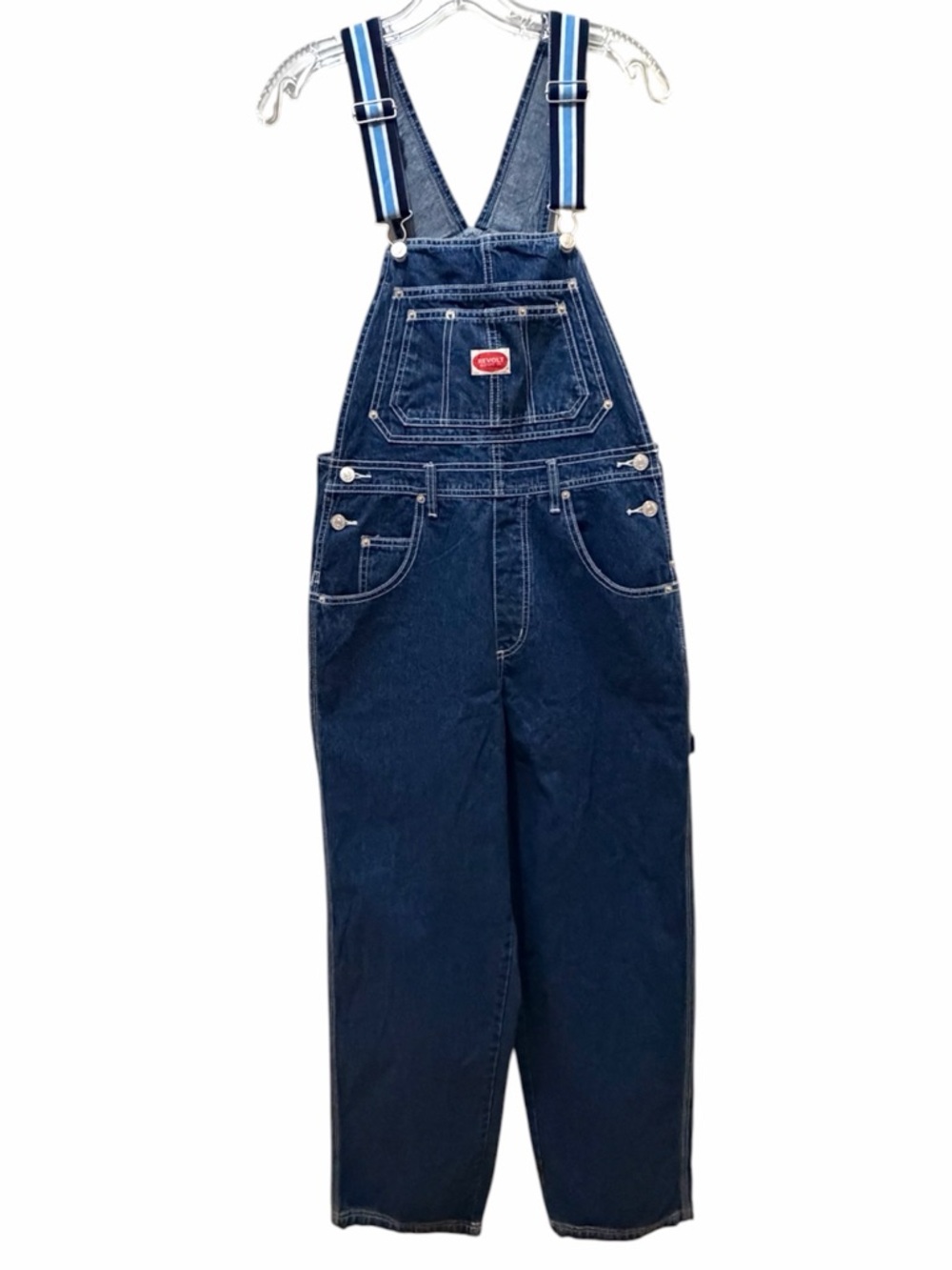 Revolt Clothing Co vintage Denim Jean Overalls Medium 90s Y2K Striped Straps - Picture 3 of 10